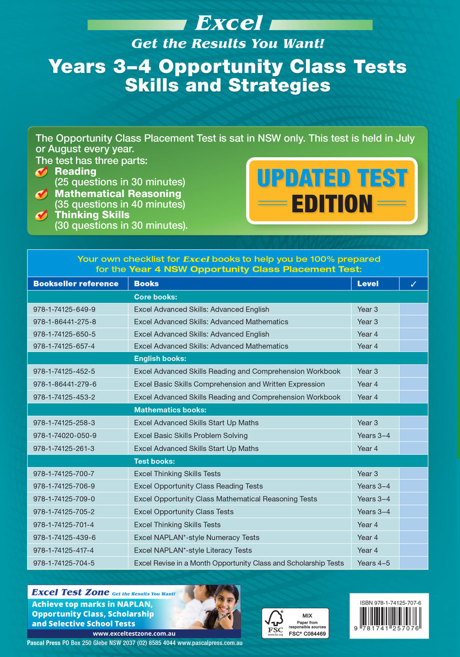 Further page from the Pascal Press gallery for the Excel Opportunity Class Tests Skills and Strategies Years 3-4 workbook, such as the back cover or an extra sample page