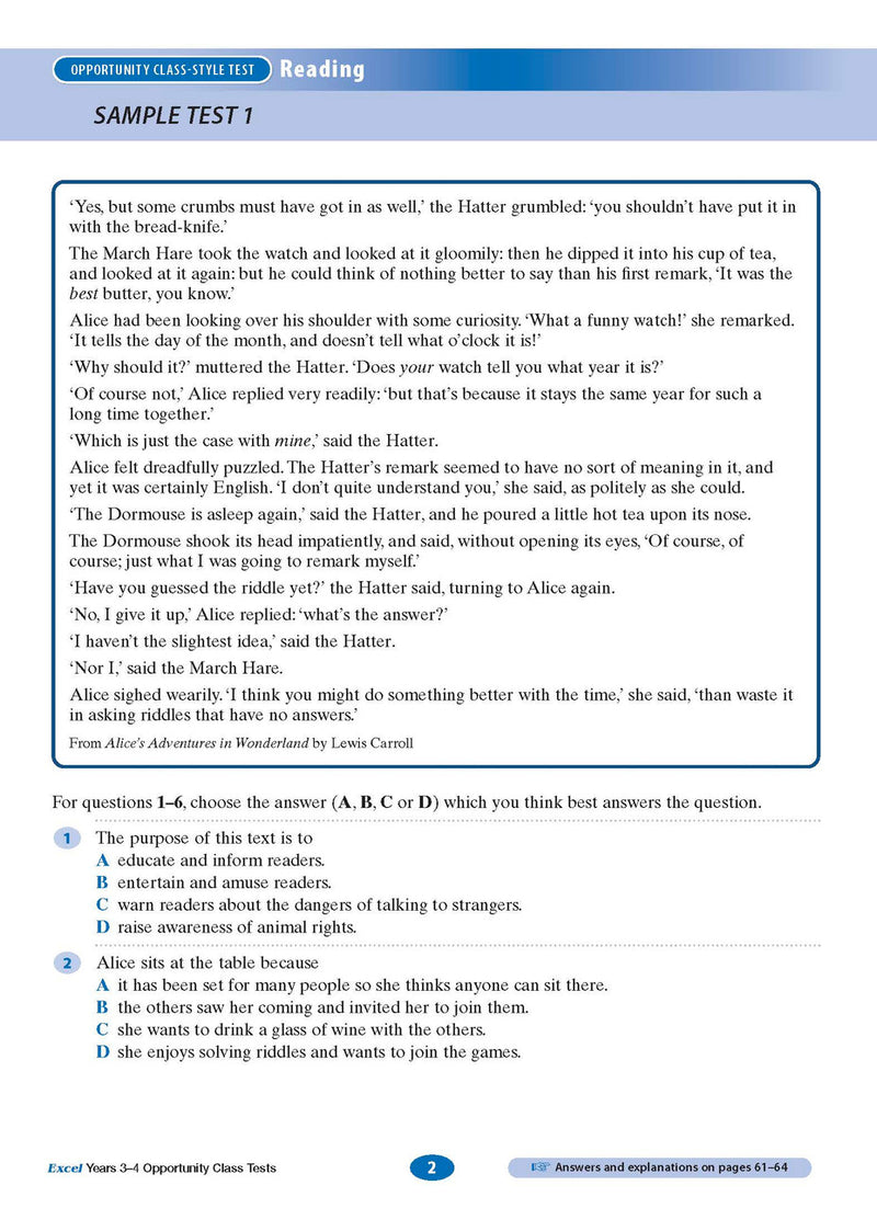 Sample interior page from the Excel Opportunity Class Tests Years 3-4 workbook showing practice test material, as shown in the Pascal Press gallery