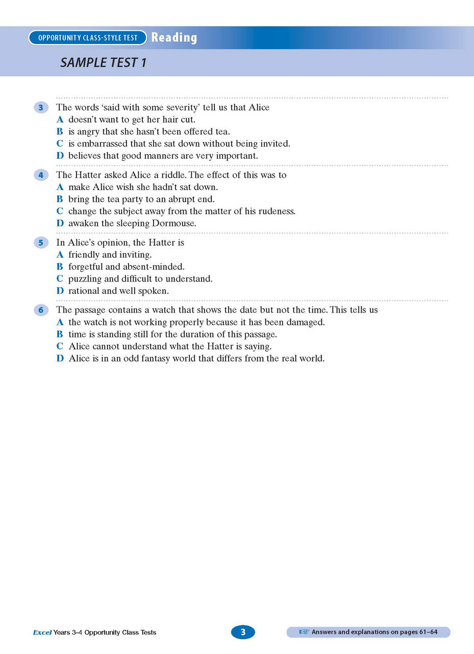 Sample interior page from the Excel Opportunity Class Tests Years 3-4 workbook showing practice test material, as shown in the Pascal Press gallery