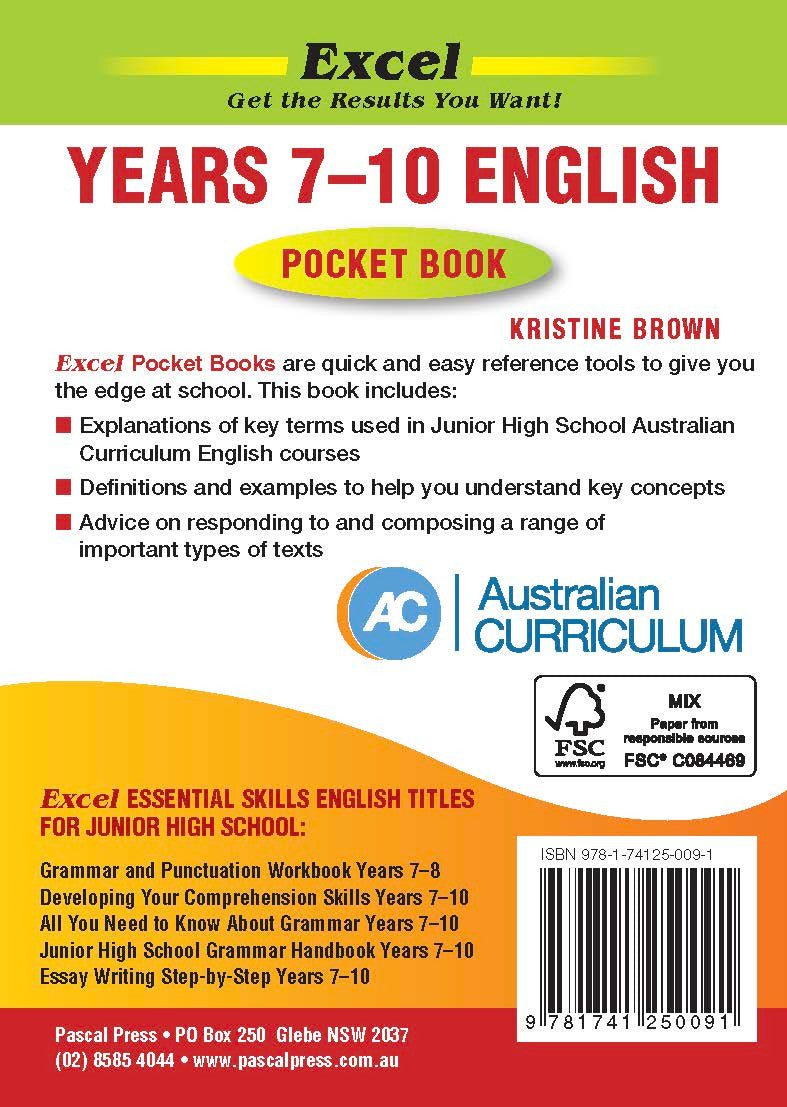 Sample interior page from the Excel English Pocket Book Years 7-10 as shown in the Pascal Press product gallery