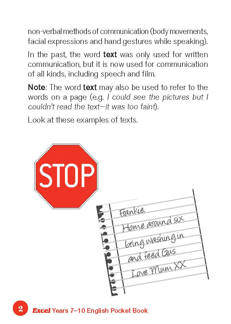 Sample interior page from the Excel English Pocket Book Years 7-10 as shown in the Pascal Press product gallery