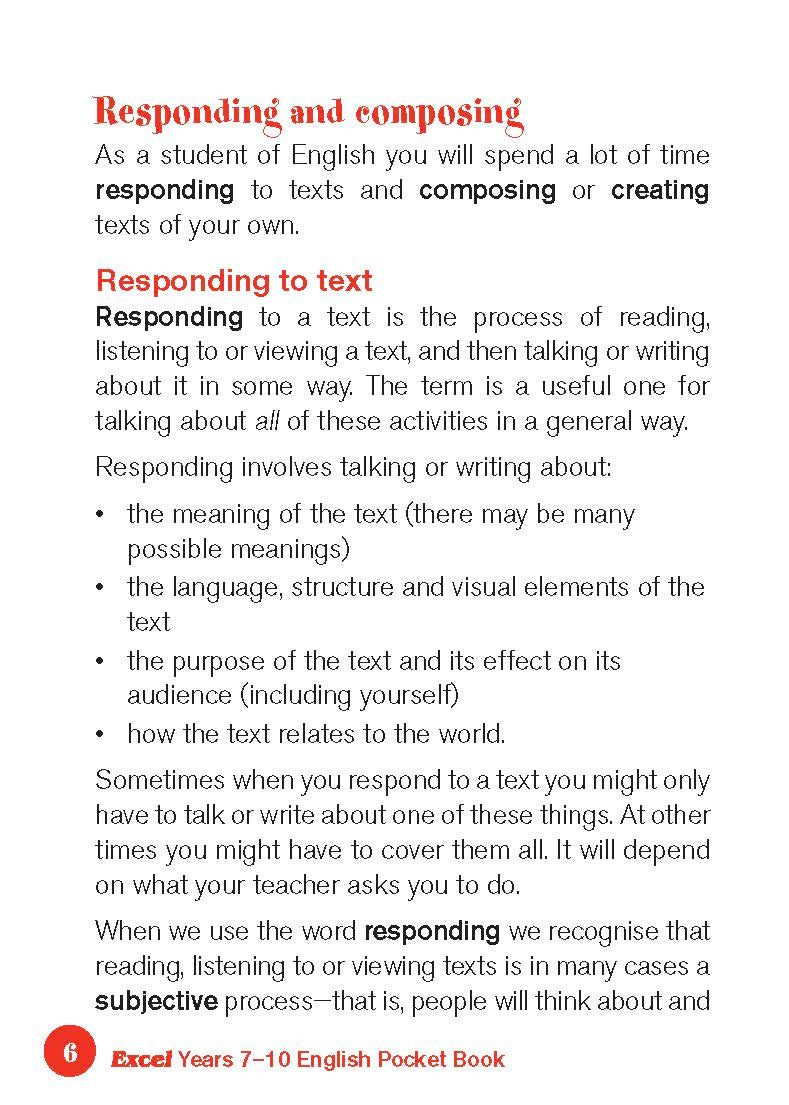 Sample interior page from the Excel English Pocket Book Years 7-10 as shown in the Pascal Press product gallery