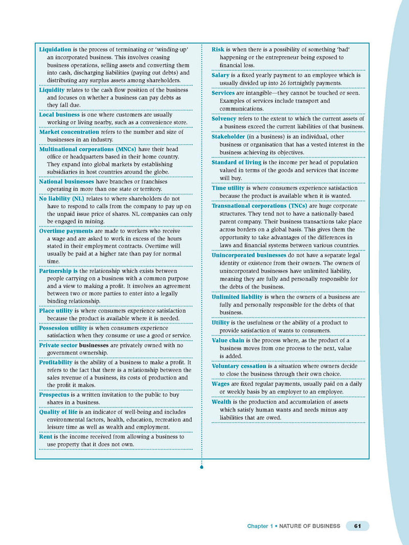 Sample interior page from Excel Preliminary Business Studies Study Guide Year 11 as shown in the Pascal Press product gallery