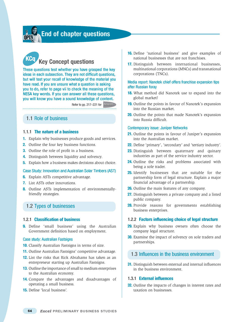 Sample interior page from Excel Preliminary Business Studies Study Guide Year 11 as shown in the Pascal Press product gallery