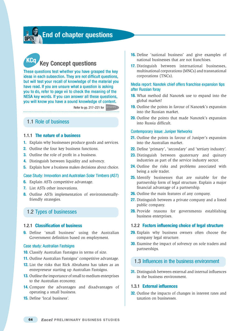 Sample interior page from Excel Preliminary Business Studies Study Guide Year 11 as shown in the Pascal Press product gallery