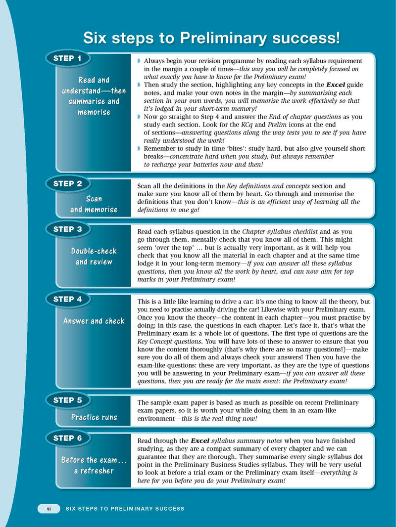 Sample interior page from Excel Preliminary Business Studies Study Guide Year 11 as shown in the Pascal Press product gallery