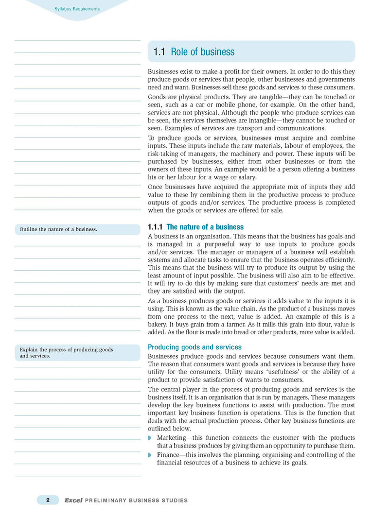 Sample interior page from Excel Preliminary Business Studies Study Guide Year 11 as shown in the Pascal Press product gallery