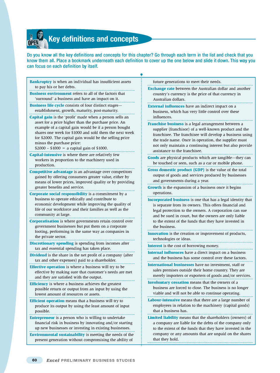 Sample interior page from Excel Preliminary Business Studies Study Guide Year 11 as shown in the Pascal Press product gallery