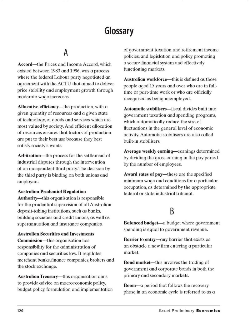 Sample interior page from Excel Preliminary Economics Study Guide Year 11 as shown in the Pascal Press product gallery