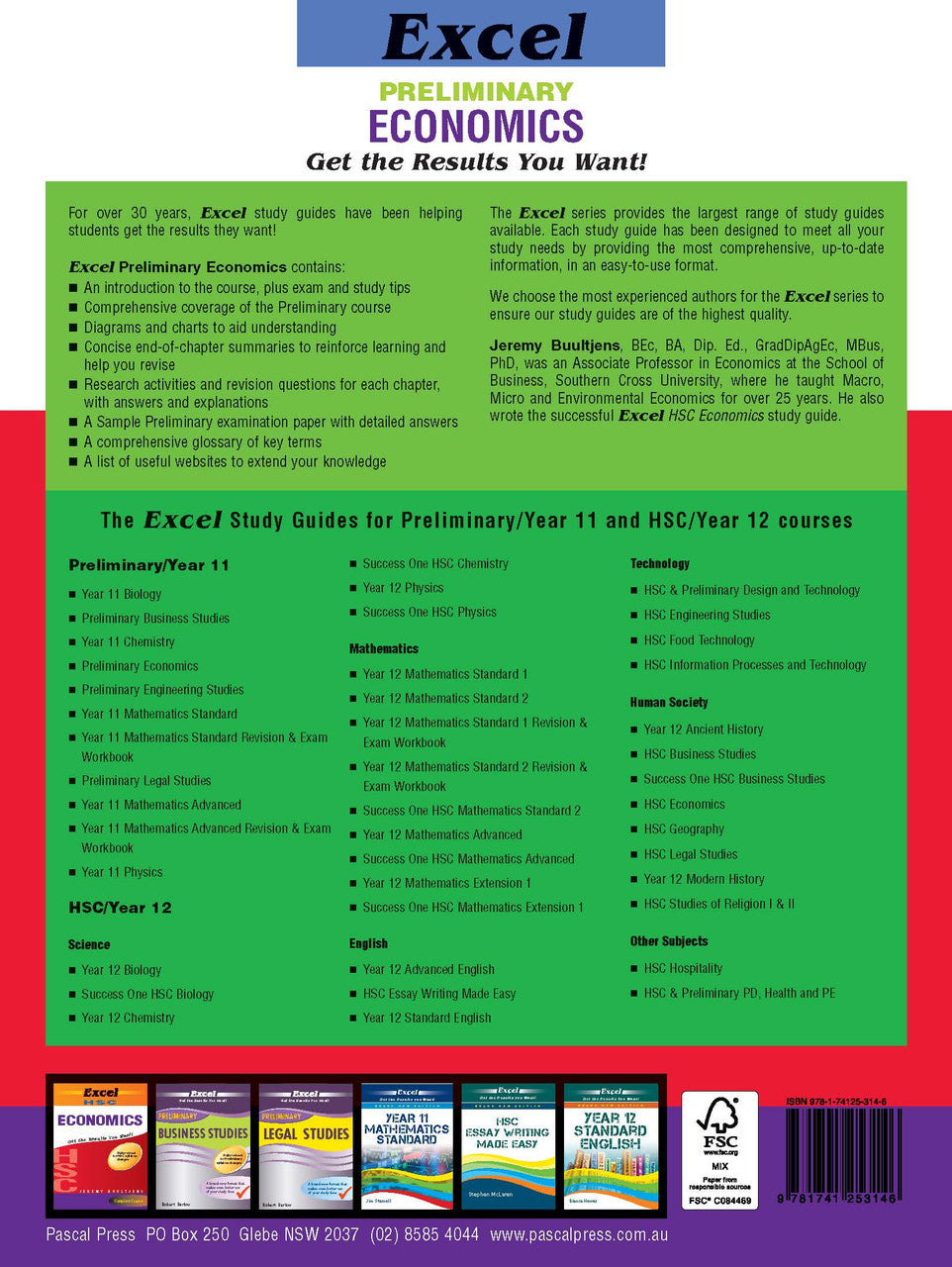 Back cover of Excel Preliminary Economics Study Guide Year 11 with the publisher's summary of the book