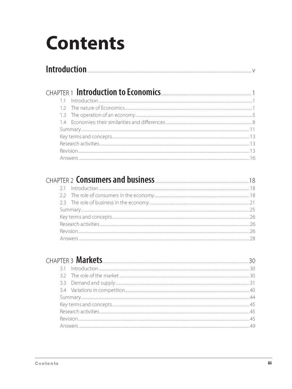Contents page from Excel Preliminary Economics Study Guide Year 11 listing the chapters and sections of the guide