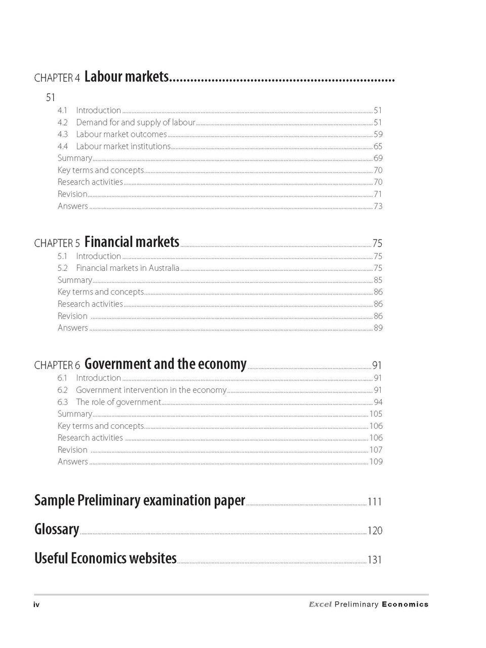 Contents page from Excel Preliminary Economics Study Guide Year 11 listing the chapters and sections of the guide