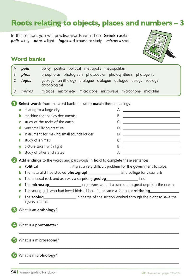 Sample inside page from the Excel Primary Spelling Handbook Years 3-6, taken from the publisher product gallery