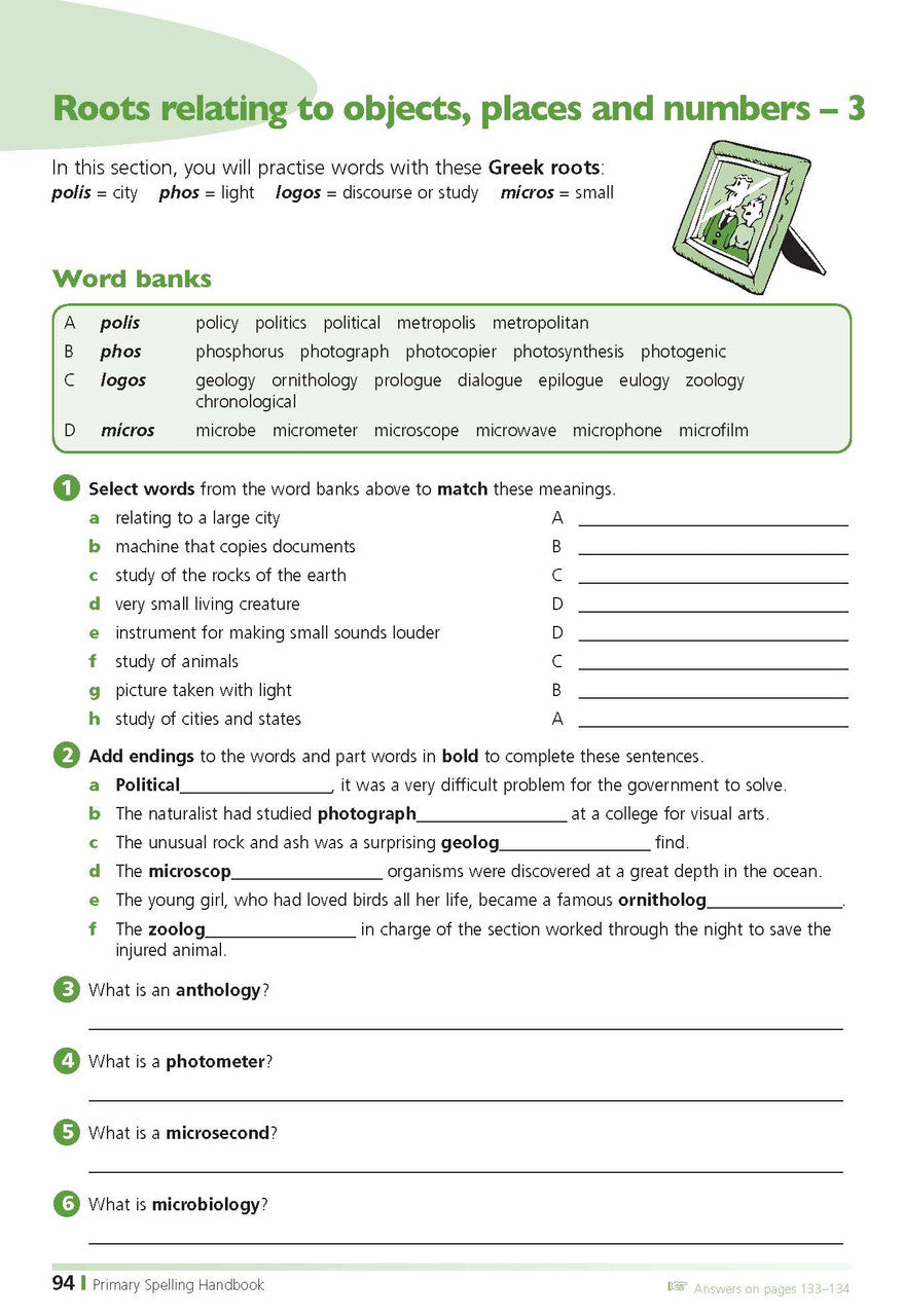 Sample inside page from the Excel Primary Spelling Handbook Years 3-6, taken from the publisher product gallery