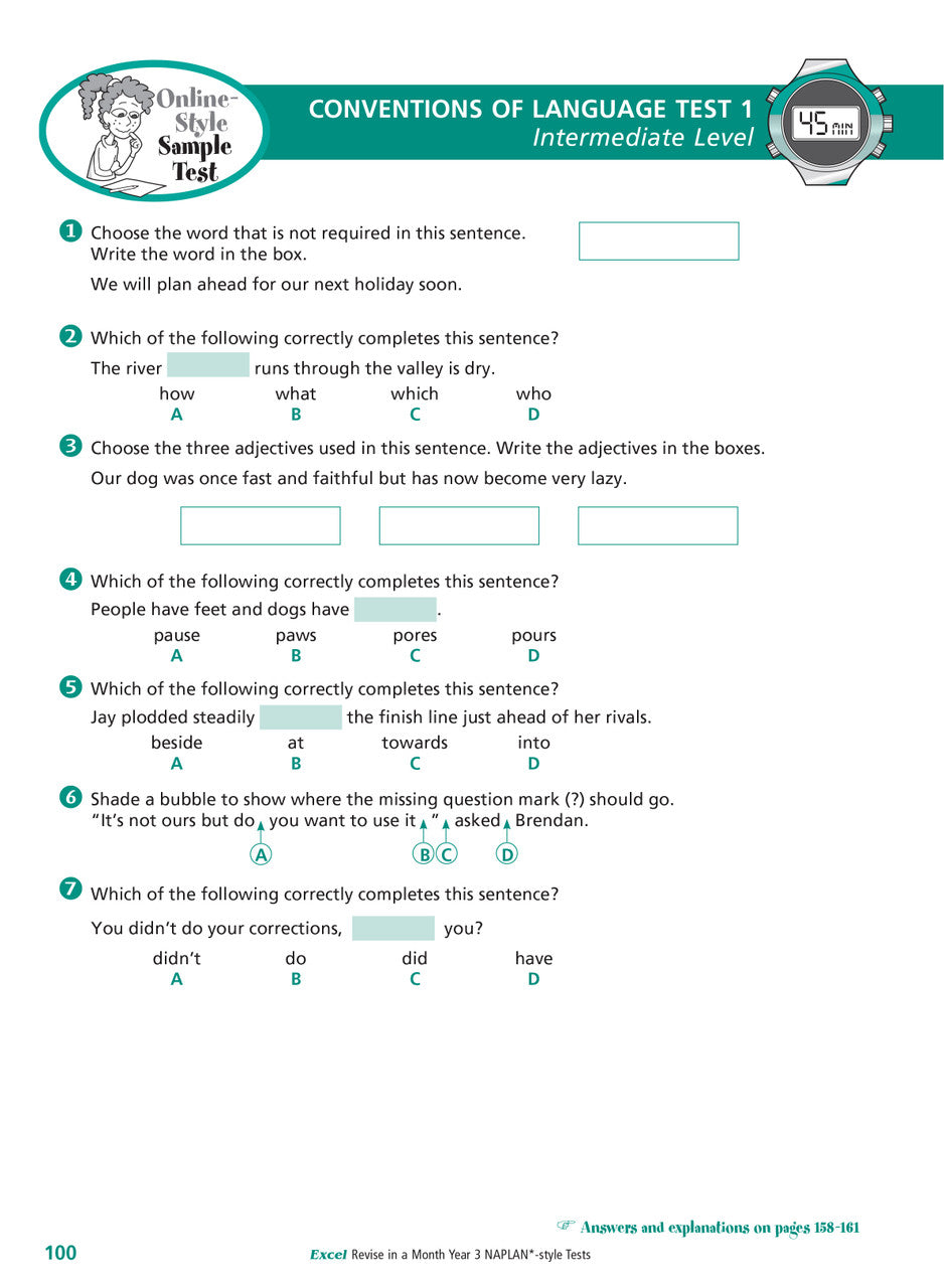 Sample interior page of the Excel Revise in a Month Year 3 NAPLAN-style Tests workbook showing practice questions, from the publisher gallery