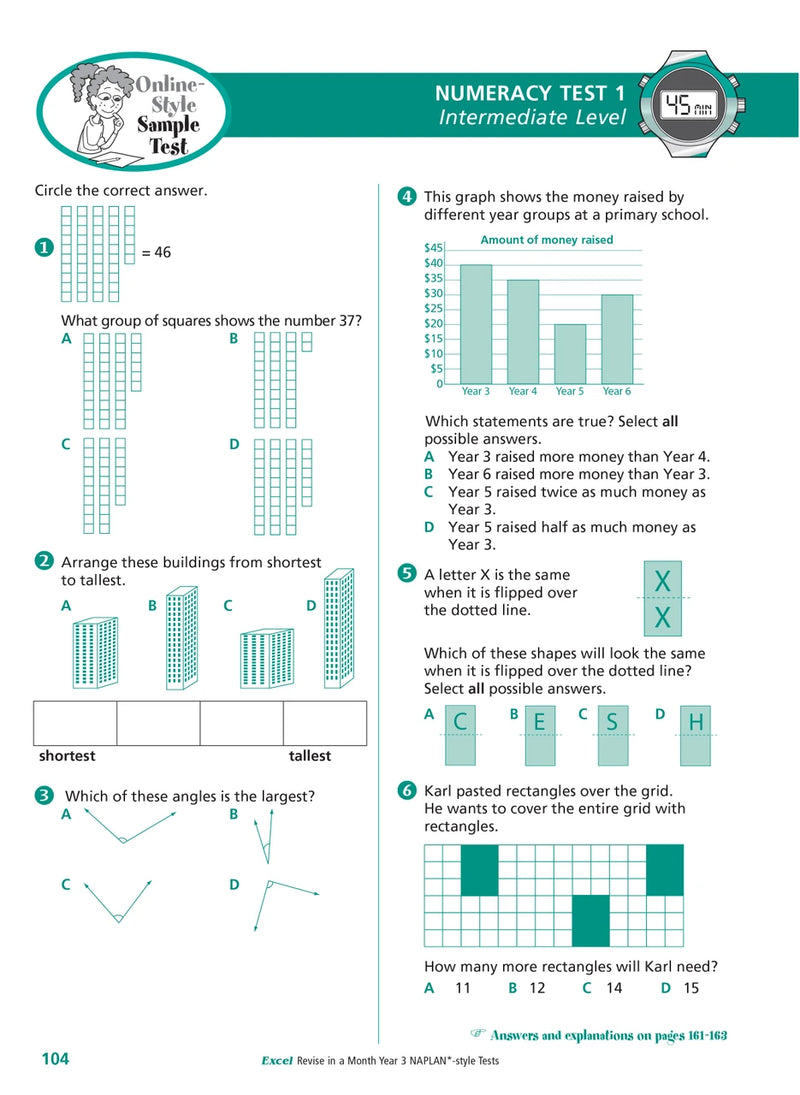 Sample interior page of the Excel Revise in a Month Year 3 NAPLAN-style Tests workbook showing practice questions, from the publisher gallery