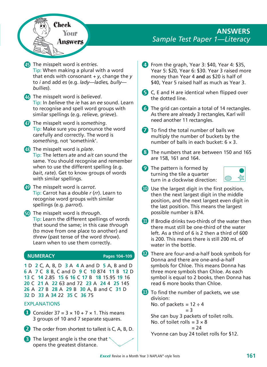 Sample interior page of the Excel Revise in a Month Year 3 NAPLAN-style Tests workbook showing practice questions, from the publisher gallery