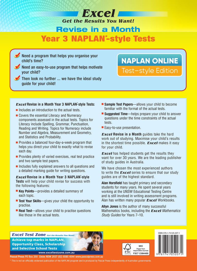 Back cover of the Excel Revise in a Month Year 3 NAPLAN-style Tests workbook with the publisher's blurb