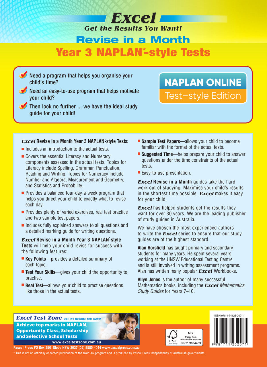 Back cover of the Excel Revise in a Month Year 3 NAPLAN-style Tests workbook with the publisher's blurb