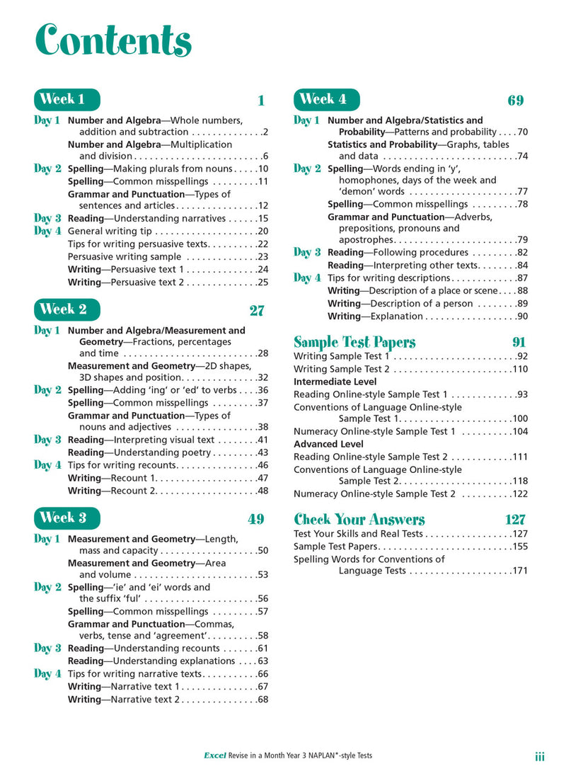 Contents page listing the sections and tests in the Excel Revise in a Month Year 3 NAPLAN-style Tests workbook