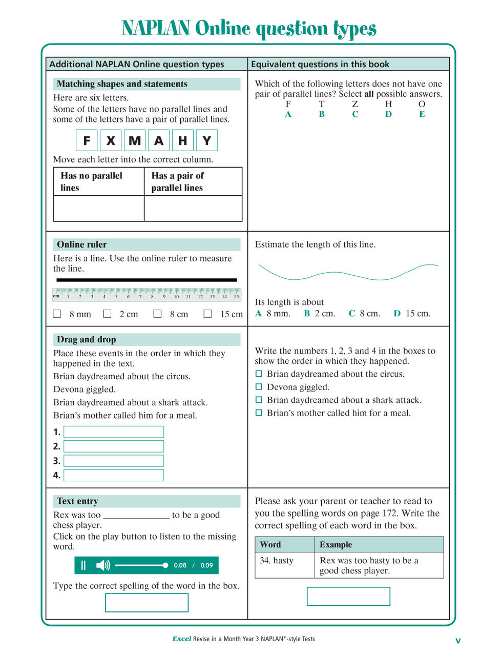 Front-matter page from the Excel Revise in a Month Year 3 NAPLAN-style Tests workbook explaining how to use the book, from the publisher gallery