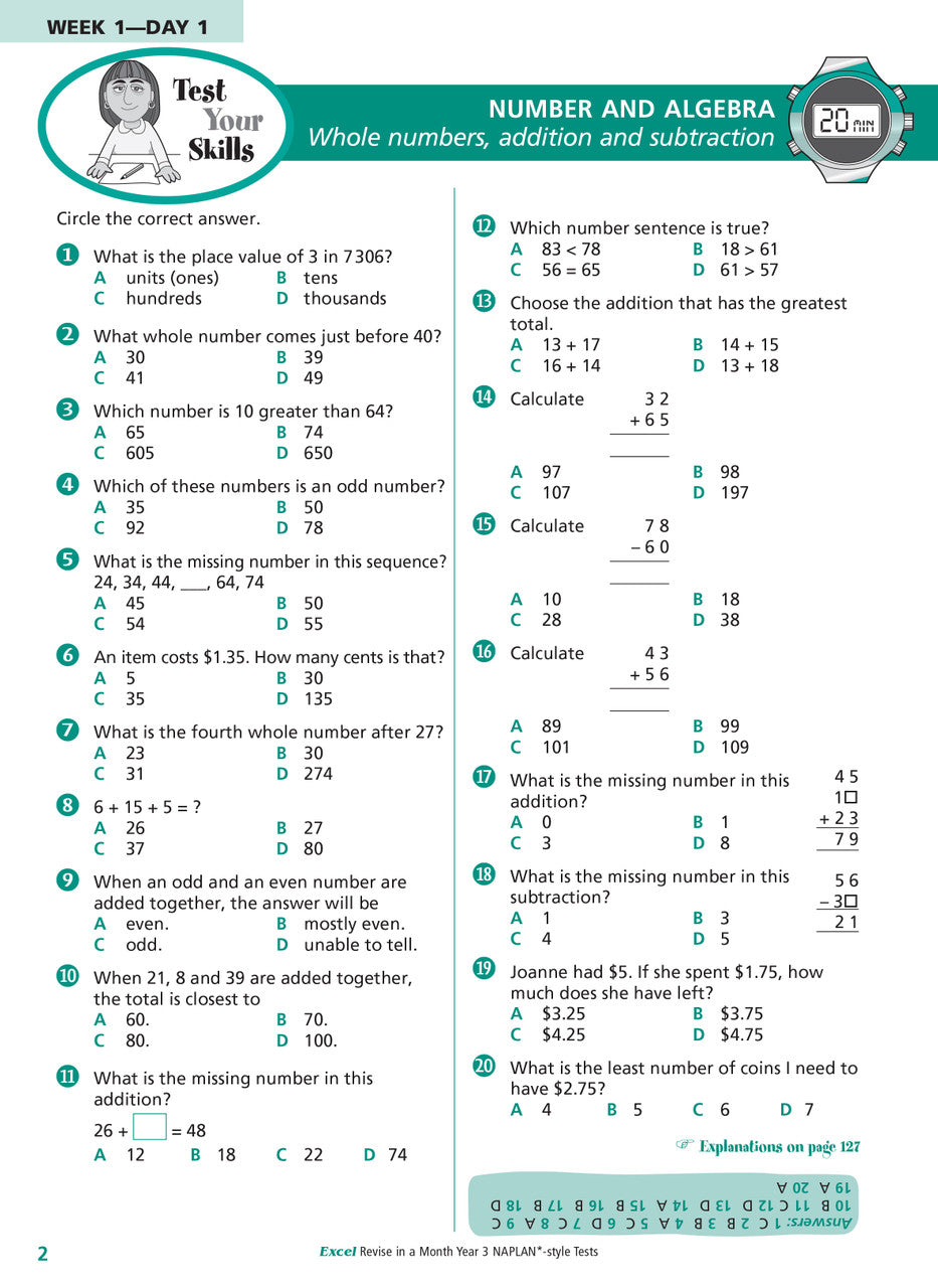 Sample interior page of the Excel Revise in a Month Year 3 NAPLAN-style Tests workbook showing practice questions, from the publisher gallery