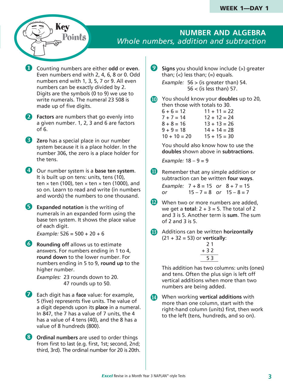 Sample interior page of the Excel Revise in a Month Year 3 NAPLAN-style Tests workbook showing practice questions, from the publisher gallery