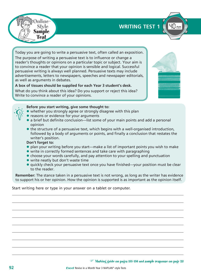 Sample interior page of the Excel Revise in a Month Year 3 NAPLAN-style Tests workbook showing practice questions, from the publisher gallery