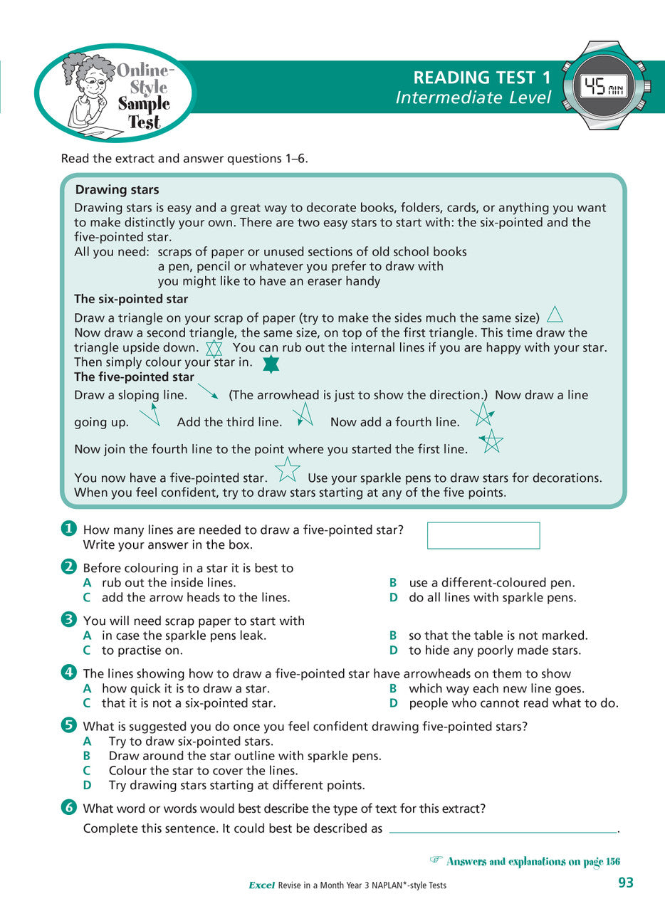 Sample interior page of the Excel Revise in a Month Year 3 NAPLAN-style Tests workbook showing practice questions, from the publisher gallery