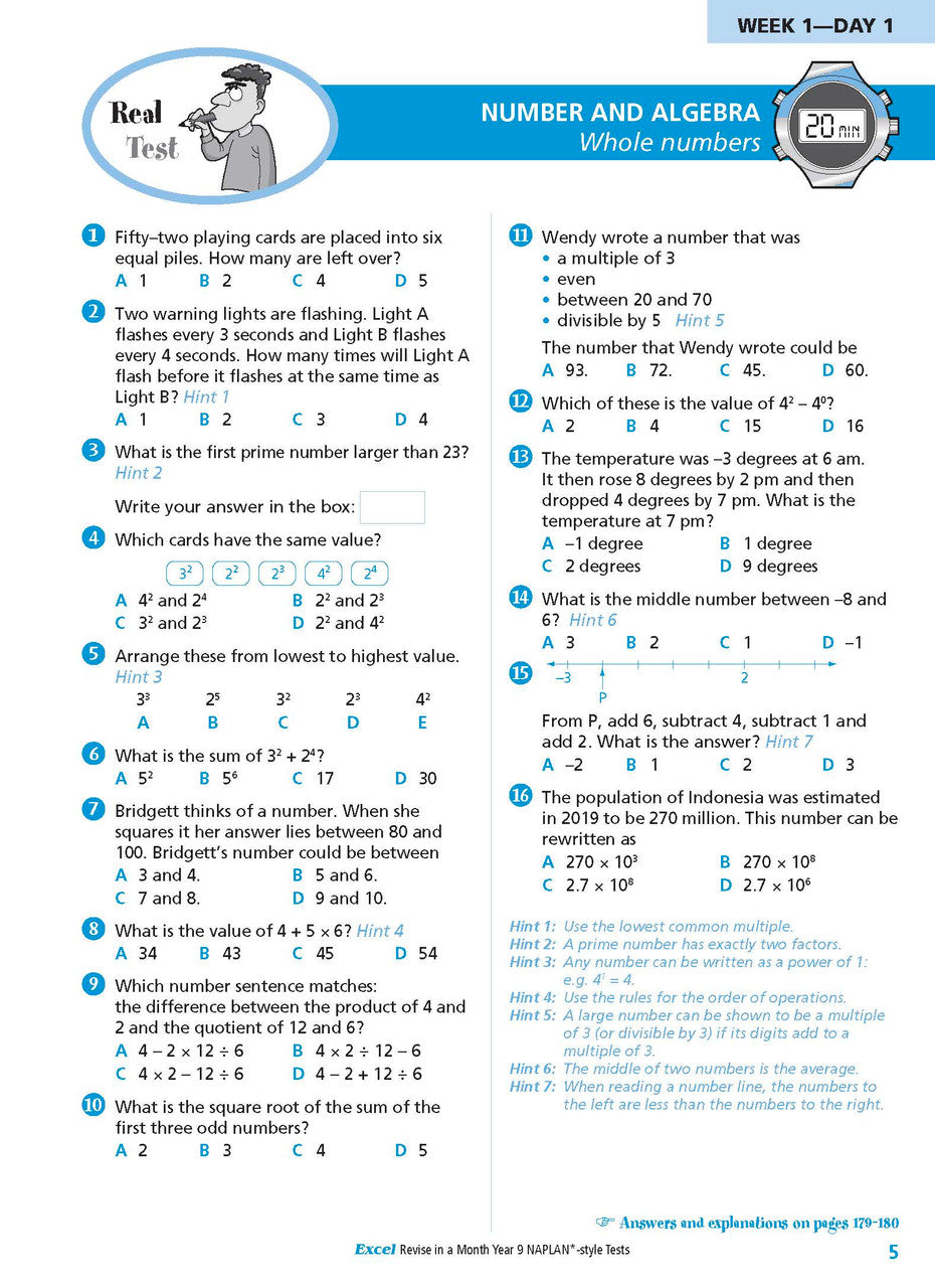 Sample interior page from the Excel Revise in a Month Year 9 NAPLAN-style Tests book as shown in the Pascal Press gallery
