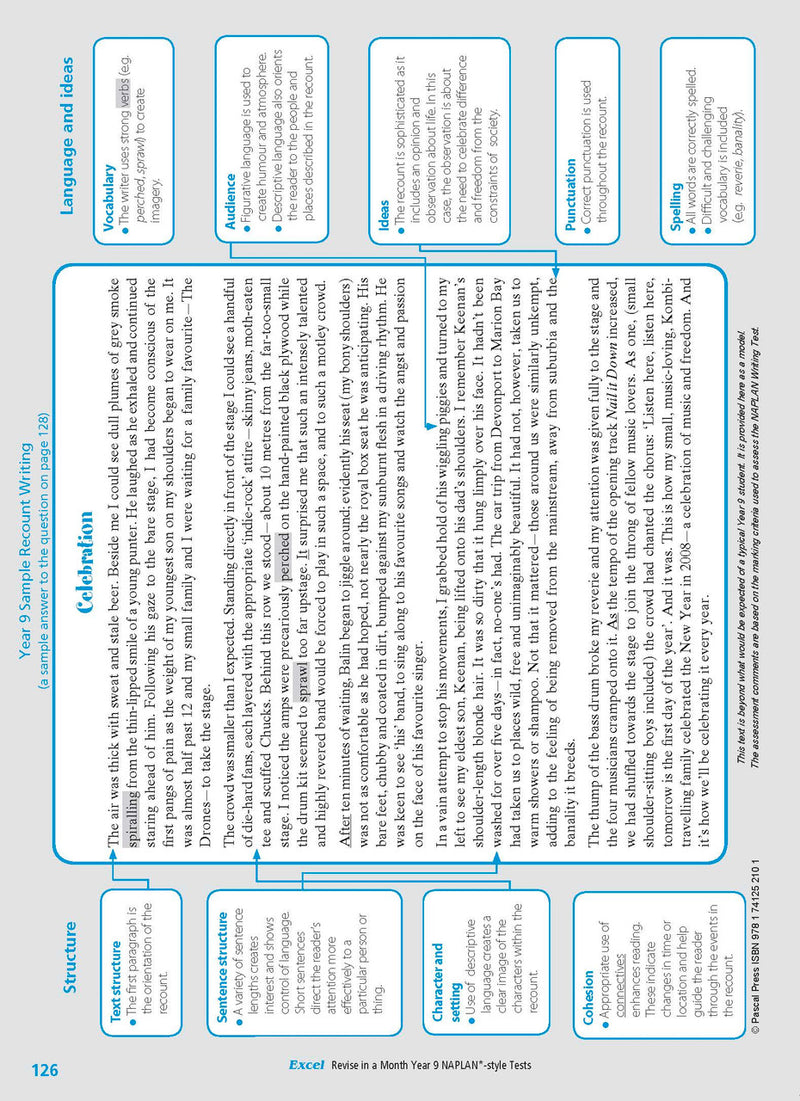 Sample interior page from the Excel Revise in a Month Year 9 NAPLAN-style Tests book as shown in the Pascal Press gallery