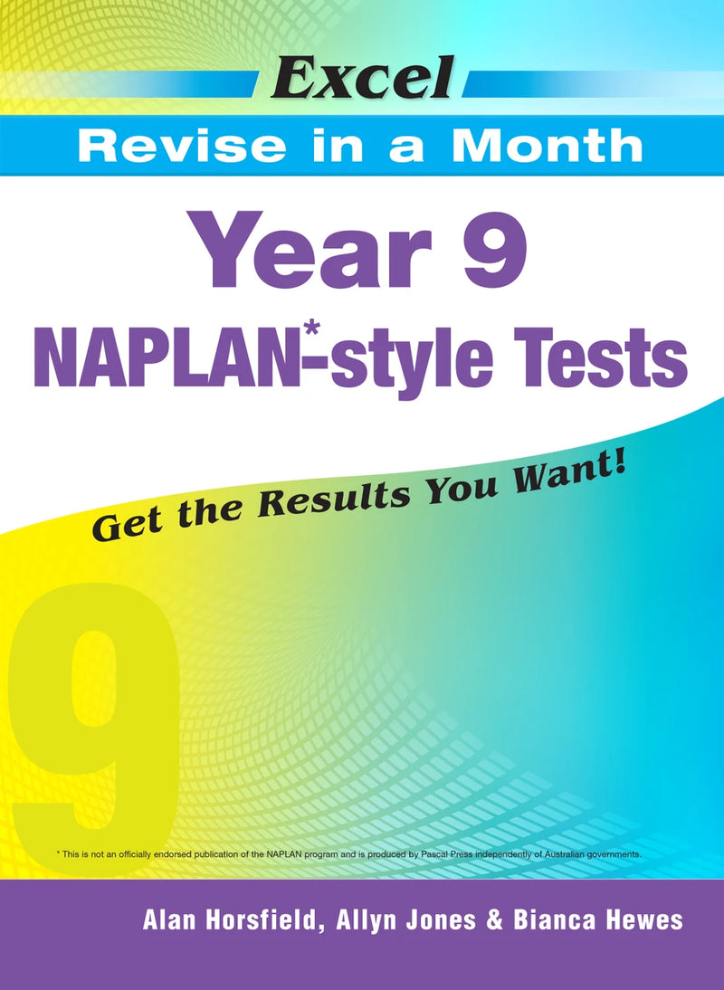 Front cover of the Excel Revise in a Month Year 9 NAPLAN-style Tests book from Pascal Press, shown as the main product image