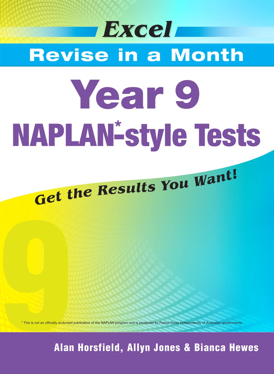 Front cover of the Excel Revise in a Month Year 9 NAPLAN-style Tests book from Pascal Press, shown as the main product image