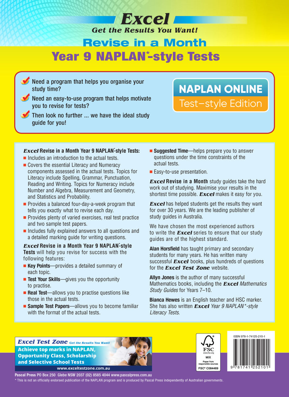 Back cover of the Excel Revise in a Month Year 9 NAPLAN-style Tests book as shown in the Pascal Press gallery