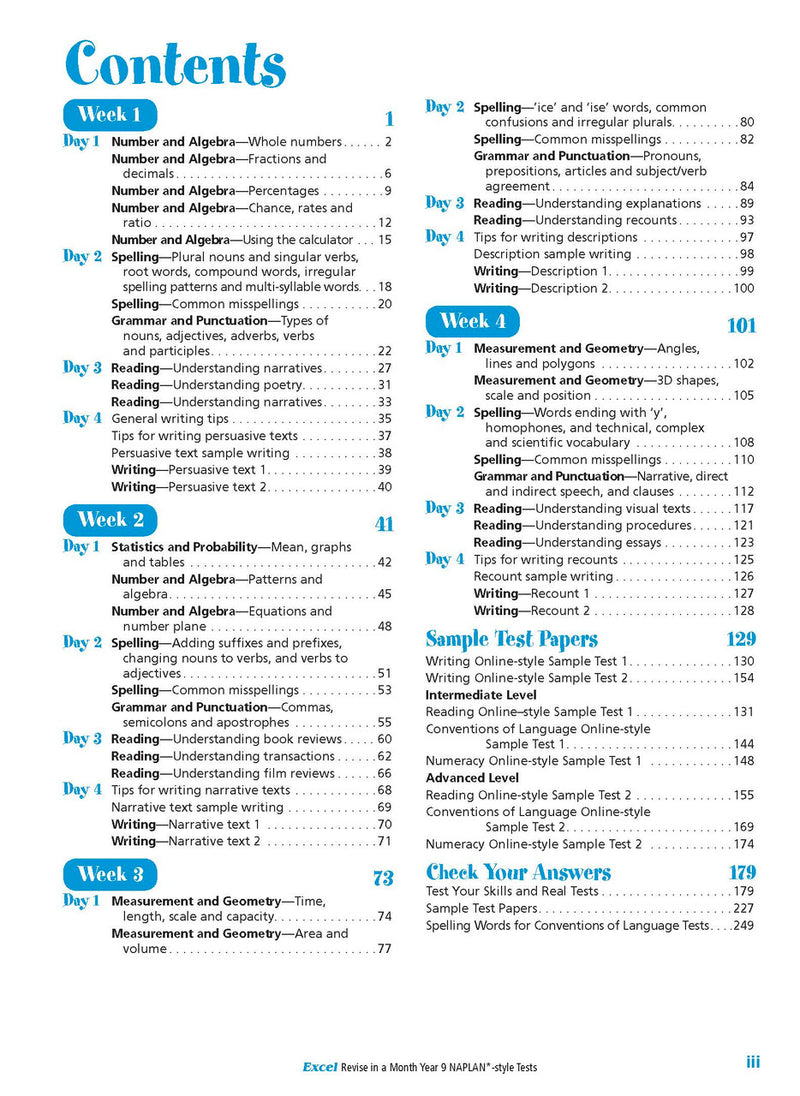 Sample interior page from the Excel Revise in a Month Year 9 NAPLAN-style Tests book as shown in the Pascal Press gallery
