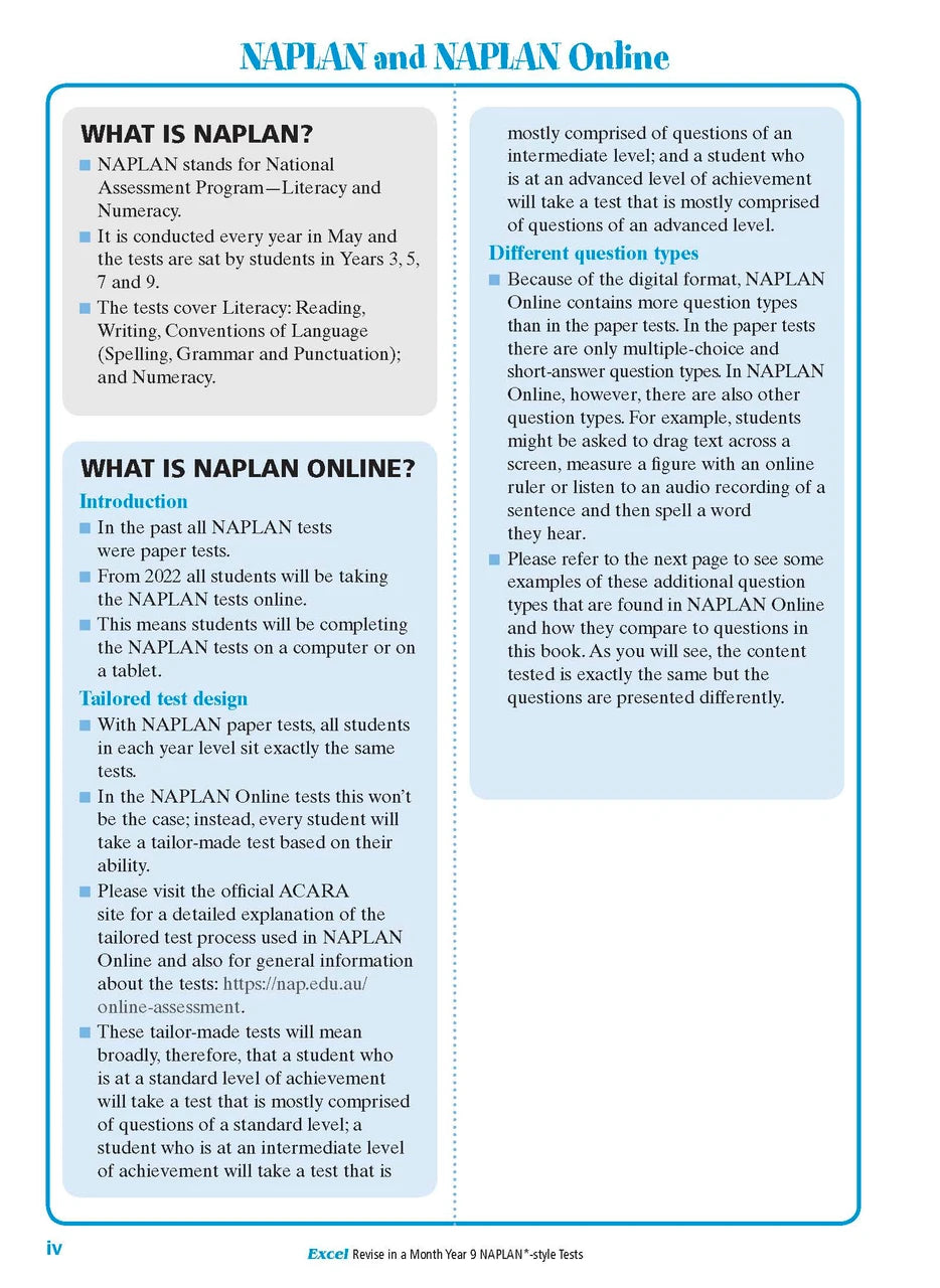 Sample interior page from the Excel Revise in a Month Year 9 NAPLAN-style Tests book as shown in the Pascal Press gallery