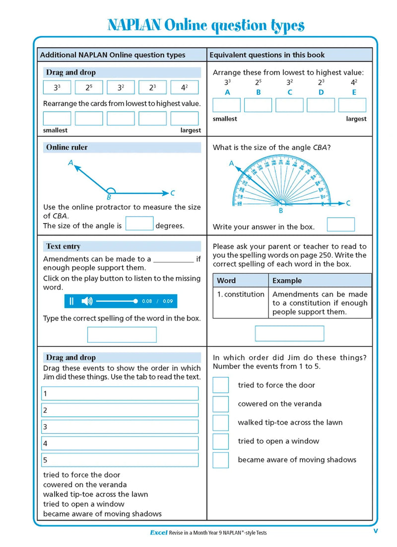 Sample interior page from the Excel Revise in a Month Year 9 NAPLAN-style Tests book as shown in the Pascal Press gallery