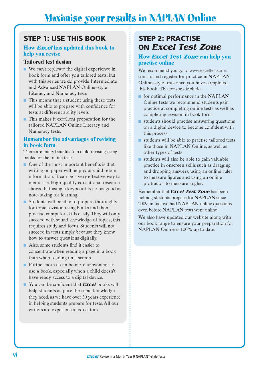Sample interior page from the Excel Revise in a Month Year 9 NAPLAN-style Tests book as shown in the Pascal Press gallery