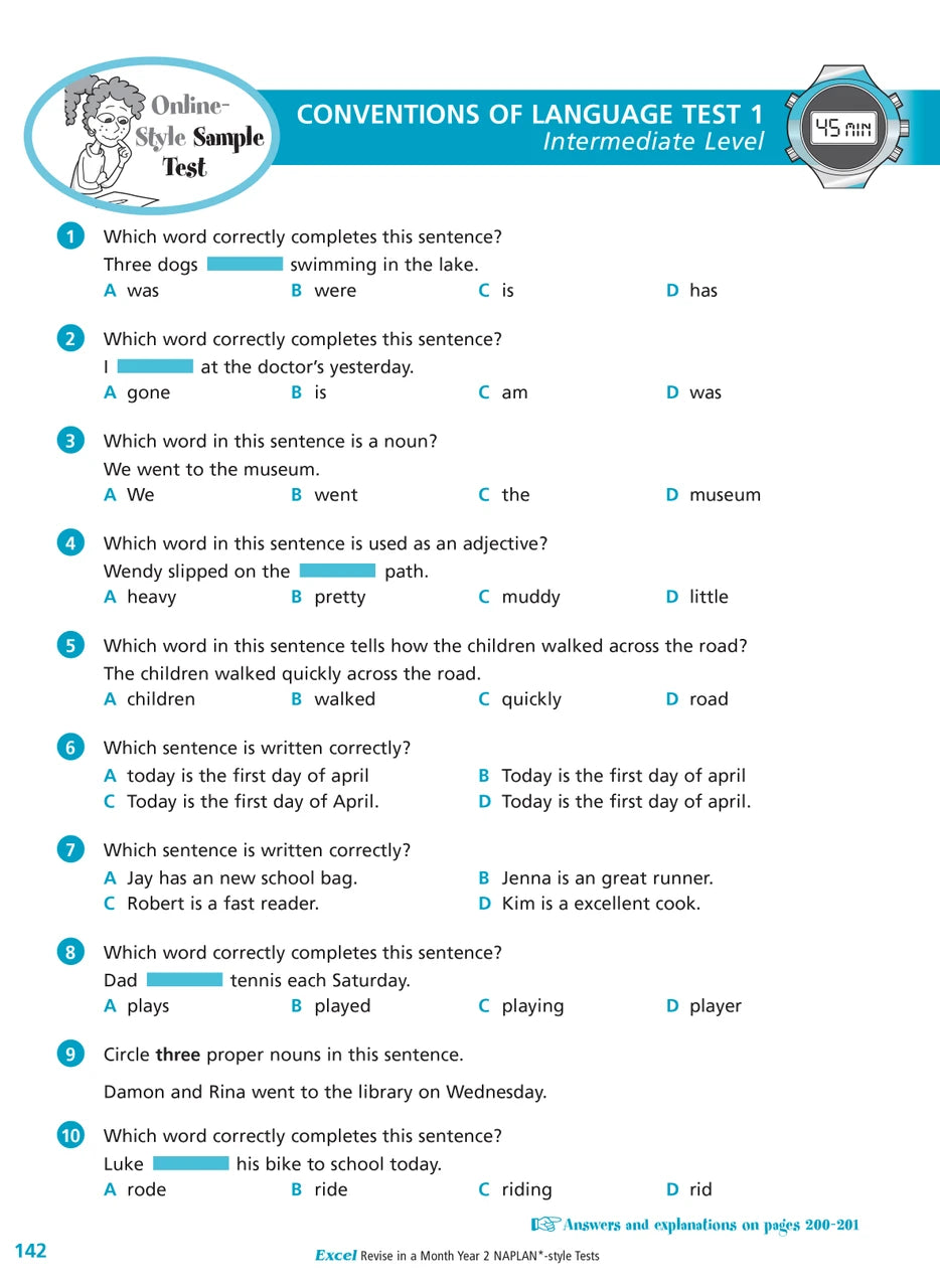 Sample interior page of the Excel Revise in a Month Year 2 NAPLAN-style Tests workbook showing practice questions, from the publisher gallery