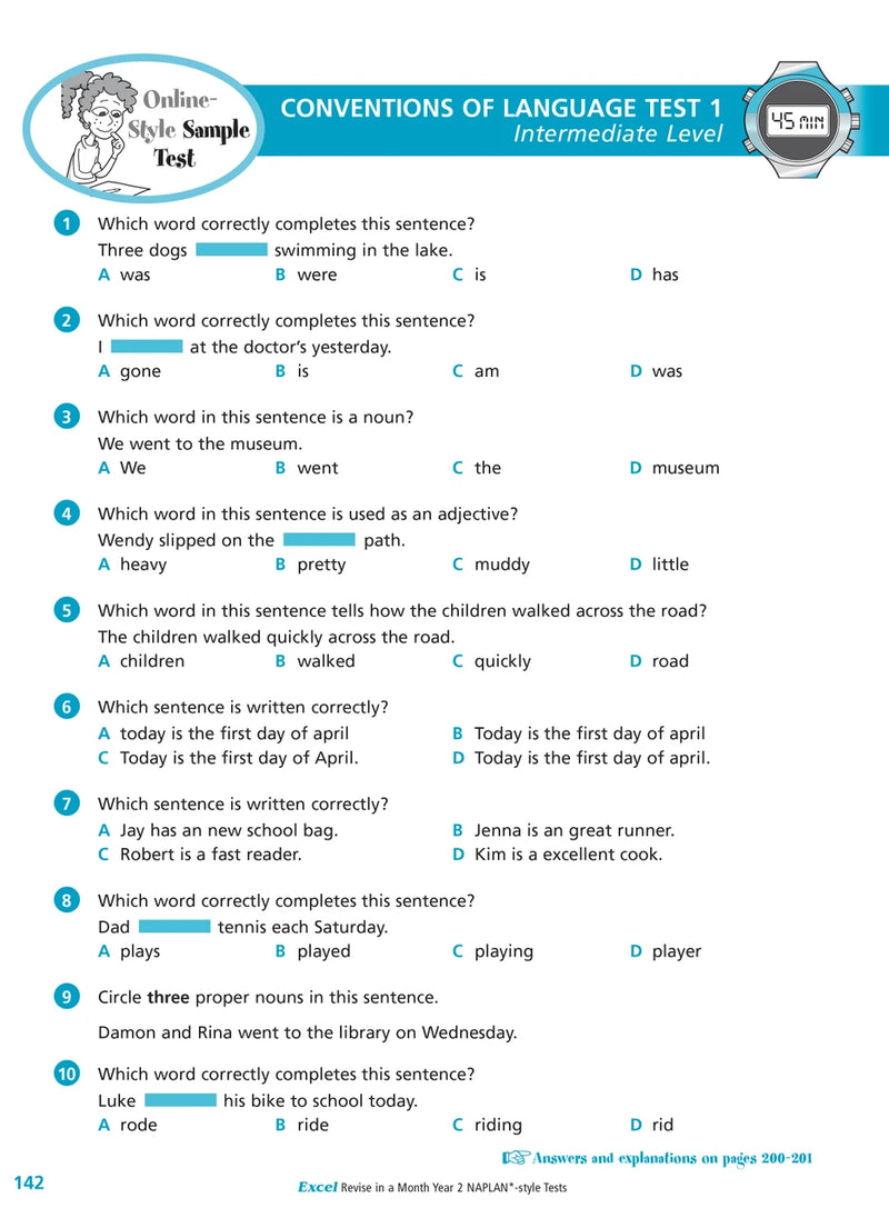 Sample interior page of the Excel Revise in a Month Year 2 NAPLAN-style Tests workbook showing practice questions, from the publisher gallery