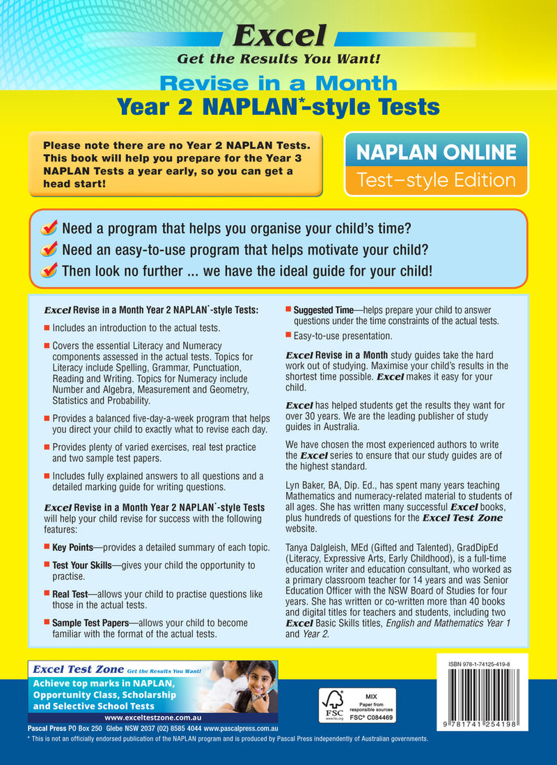 Back cover of the Excel Revise in a Month Year 2 NAPLAN-style Tests workbook with the publisher's blurb