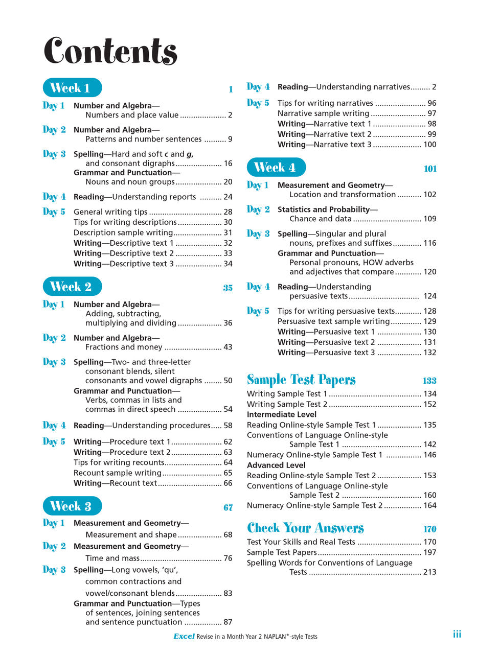 Contents page listing the sections and tests in the Excel Revise in a Month Year 2 NAPLAN-style Tests workbook