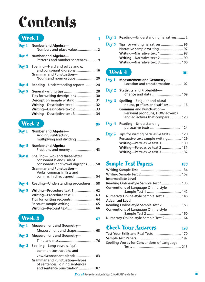 Contents page listing the sections and tests in the Excel Revise in a Month Year 2 NAPLAN-style Tests workbook
