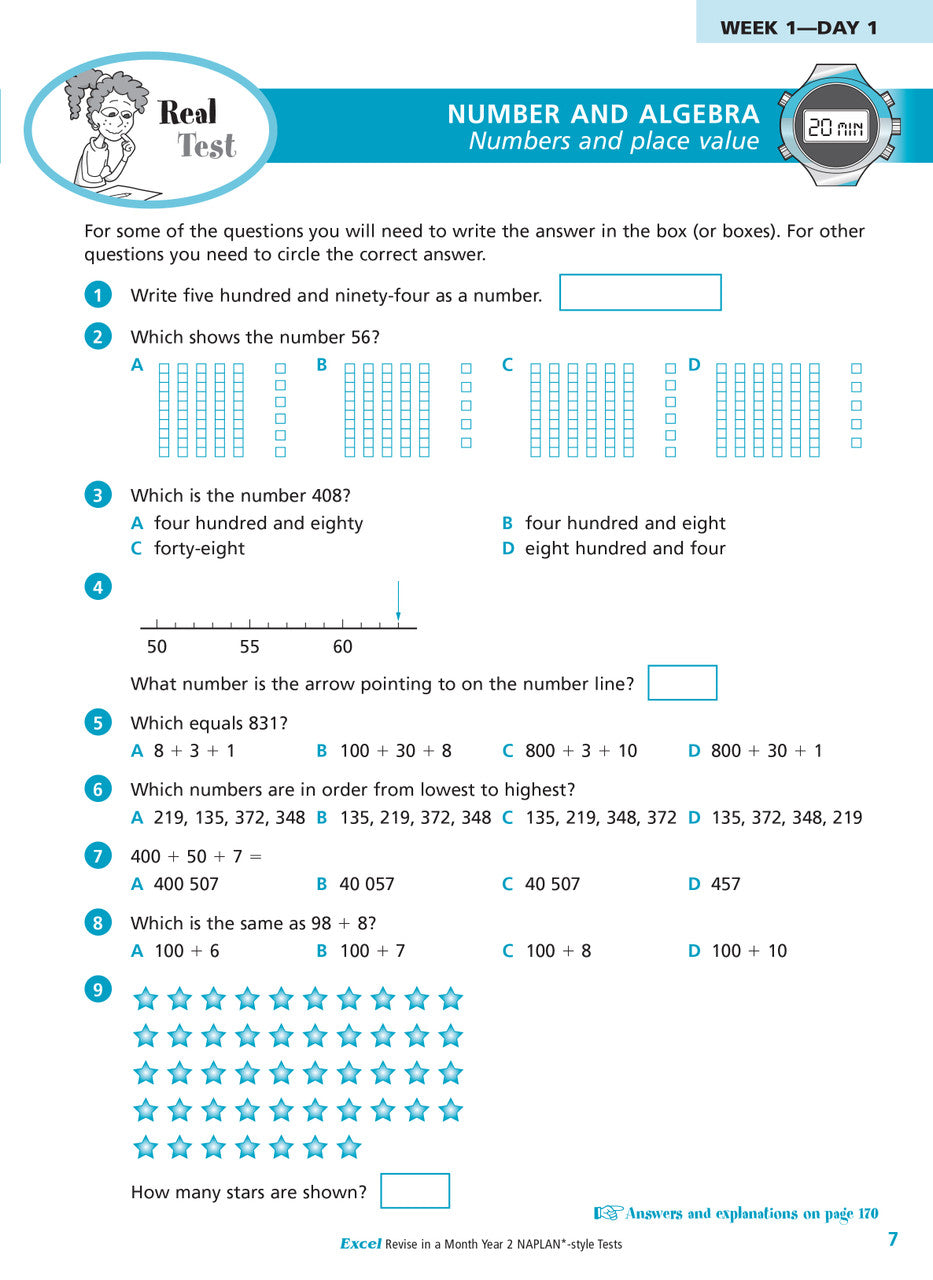 Sample interior page of the Excel Revise in a Month Year 2 NAPLAN-style Tests workbook showing practice questions, from the publisher gallery