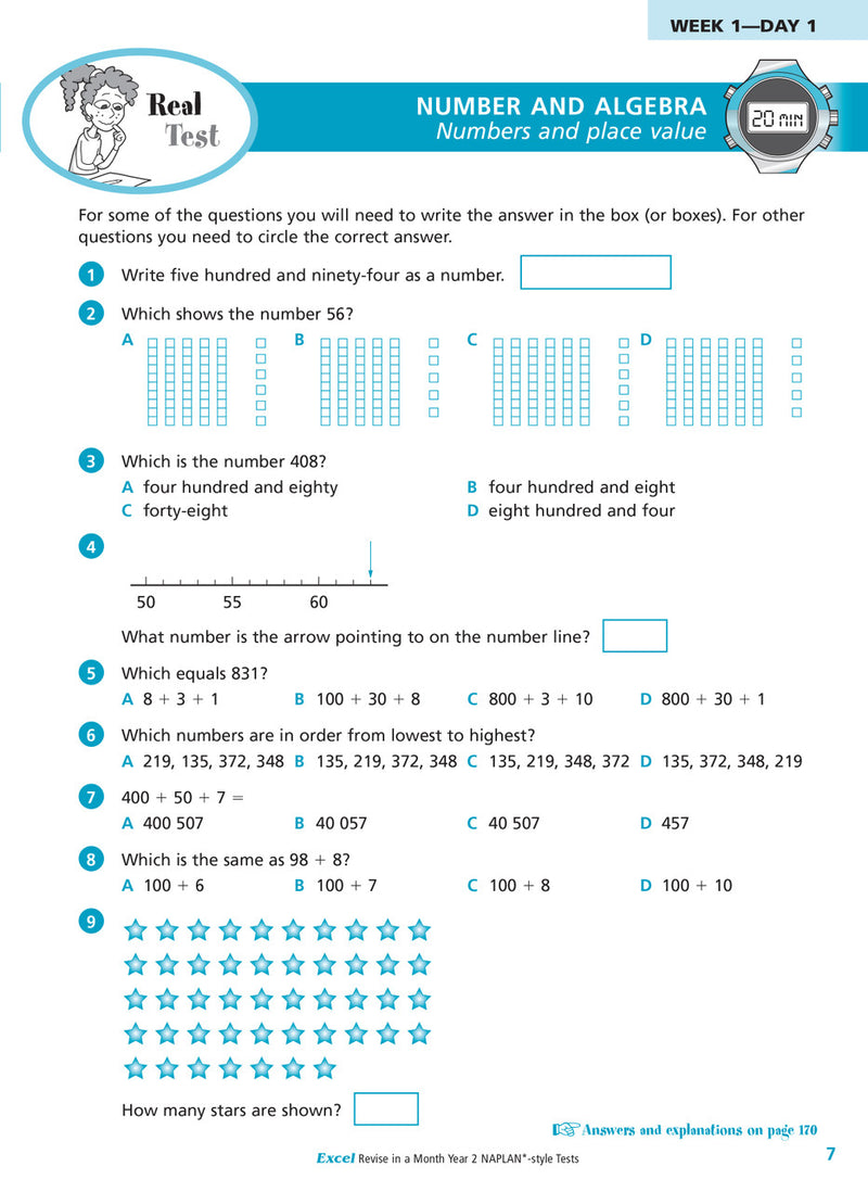 Sample interior page of the Excel Revise in a Month Year 2 NAPLAN-style Tests workbook showing practice questions, from the publisher gallery