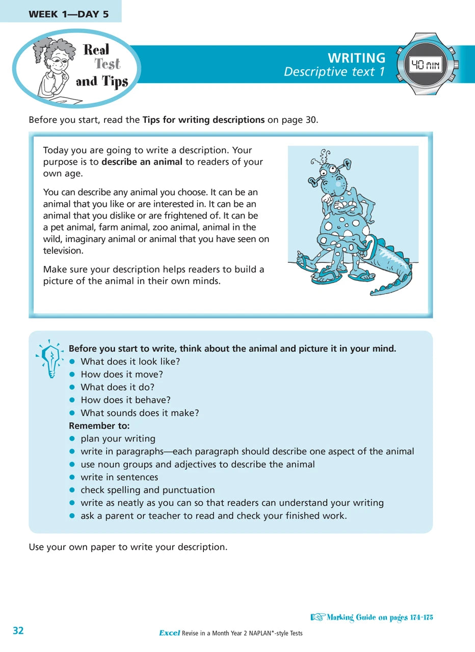 Sample interior page of the Excel Revise in a Month Year 2 NAPLAN-style Tests workbook showing practice questions, from the publisher gallery