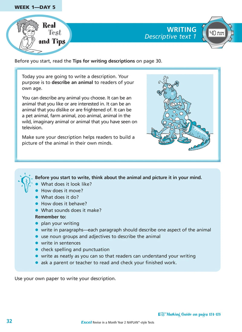Sample interior page of the Excel Revise in a Month Year 2 NAPLAN-style Tests workbook showing practice questions, from the publisher gallery