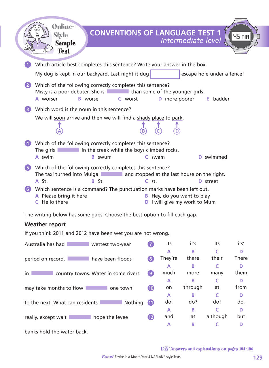 Sample inside page from the Excel Revise in a Month Year 4 NAPLAN-style Tests book, taken from the publisher product gallery