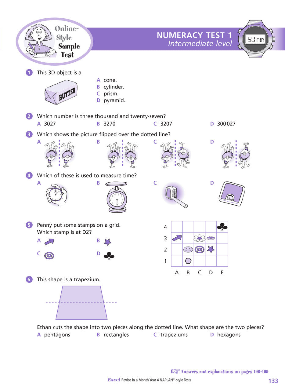 Sample inside page from the Excel Revise in a Month Year 4 NAPLAN-style Tests book, taken from the publisher product gallery