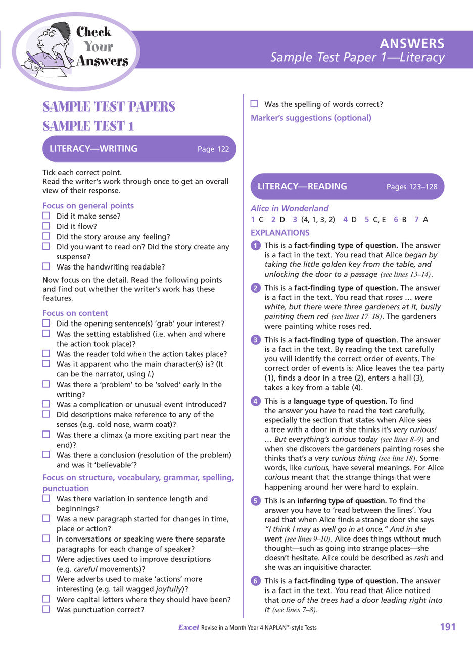 Sample inside page from the Excel Revise in a Month Year 4 NAPLAN-style Tests book, taken from the publisher product gallery